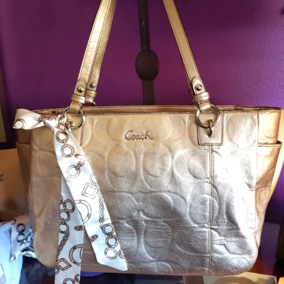 Coach Gold Metallic Monogram Embossed Shoulder Tote - Picture 1 of 15